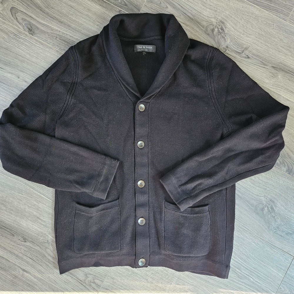 Rag & Bone Black Shawl Collar Button Front Cotton Wool Cardigan Sweater Mens XL